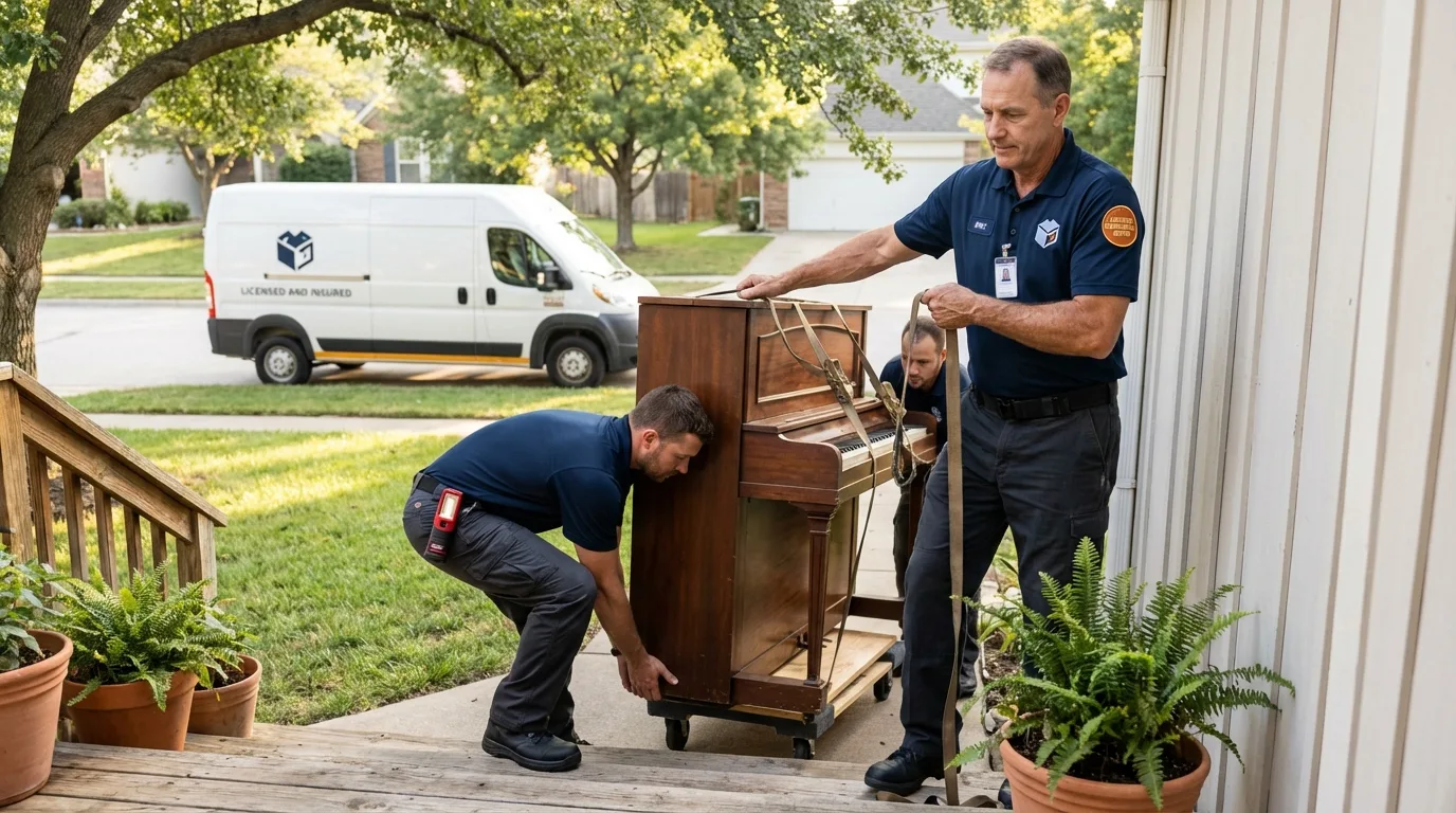 Licensed piano movers securing grand piano in Pasco, WA