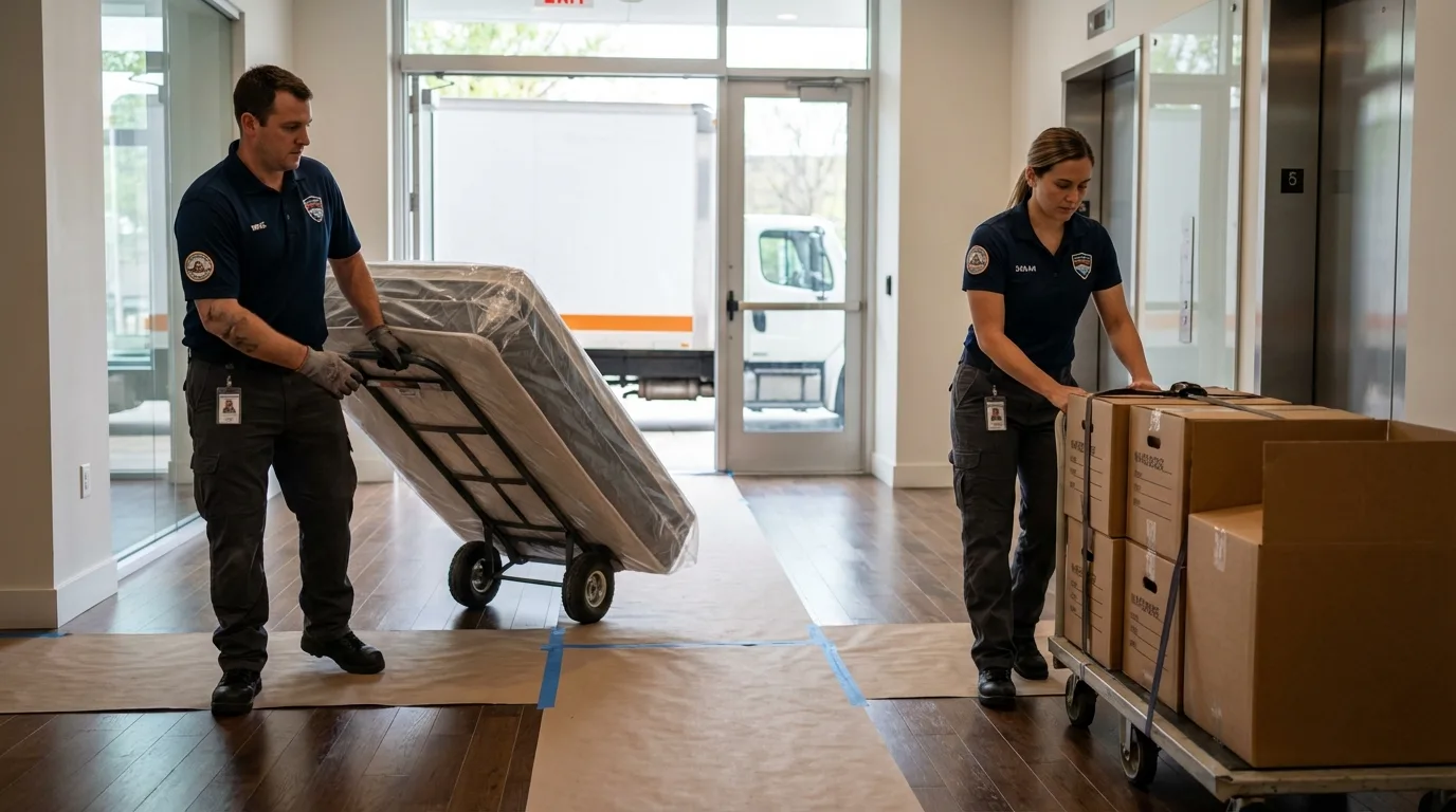 Professional apartment movers loading elevator in Pasco, WA